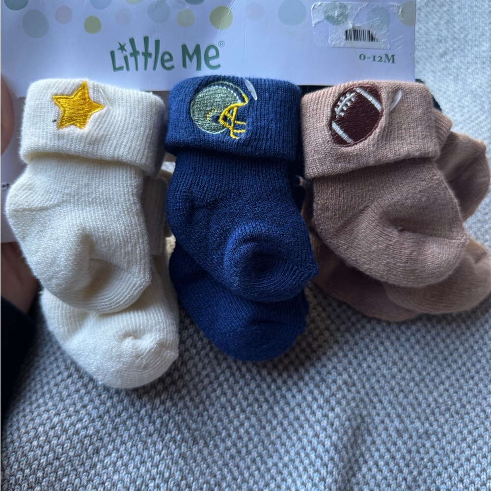 Thanksgiving 3 Pairs of Little Me Baby Socks Set - Football. 0-12 Months.